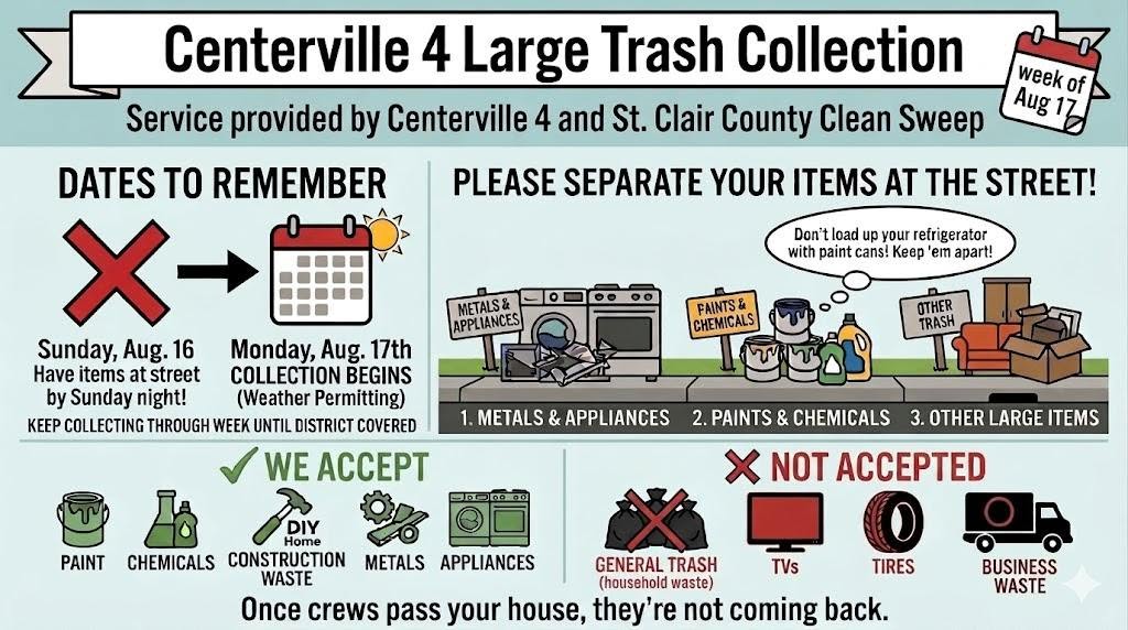 Infographic for the "Centerville 4 Large Trash Collection" scheduled for the week of August 17th. It outlines collection dates, requirements to separate waste categories at the street, and lists of accepted versus non-accepted items. Full details in text description.
